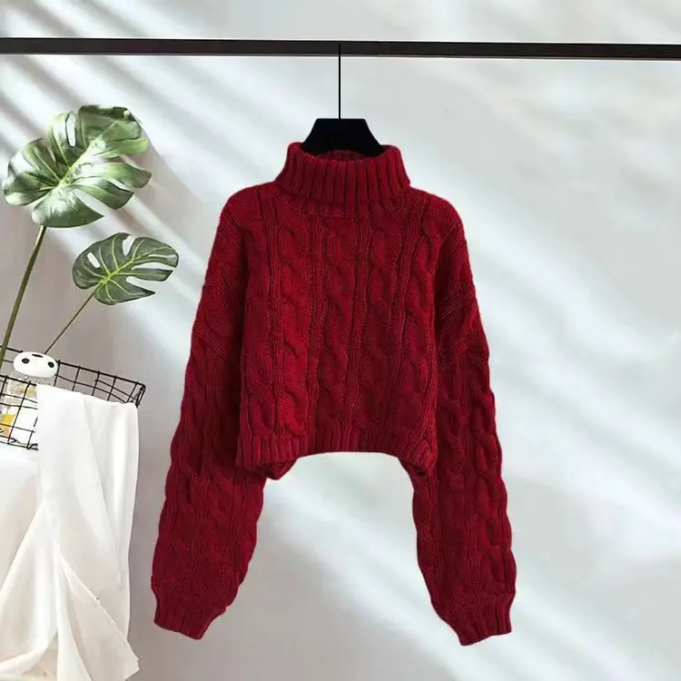 European and American Cross-Border High-Neck Pullover Short Cable-Knit Sweater for Women, New Autumn and Winter Style, Lazy Style, Loose and Thick Knitted Sweater - Image 10