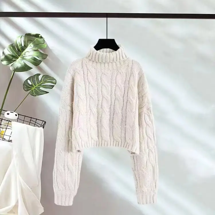 European and American Cross-Border High-Neck Pullover Short Cable-Knit Sweater for Women, New Autumn and Winter Style, Lazy Style, Loose and Thick Knitted Sweater - Image 12
