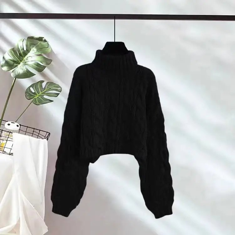 European and American Cross-Border High-Neck Pullover Short Cable-Knit Sweater for Women, New Autumn and Winter Style, Lazy Style, Loose and Thick Knitted Sweater - Image 13