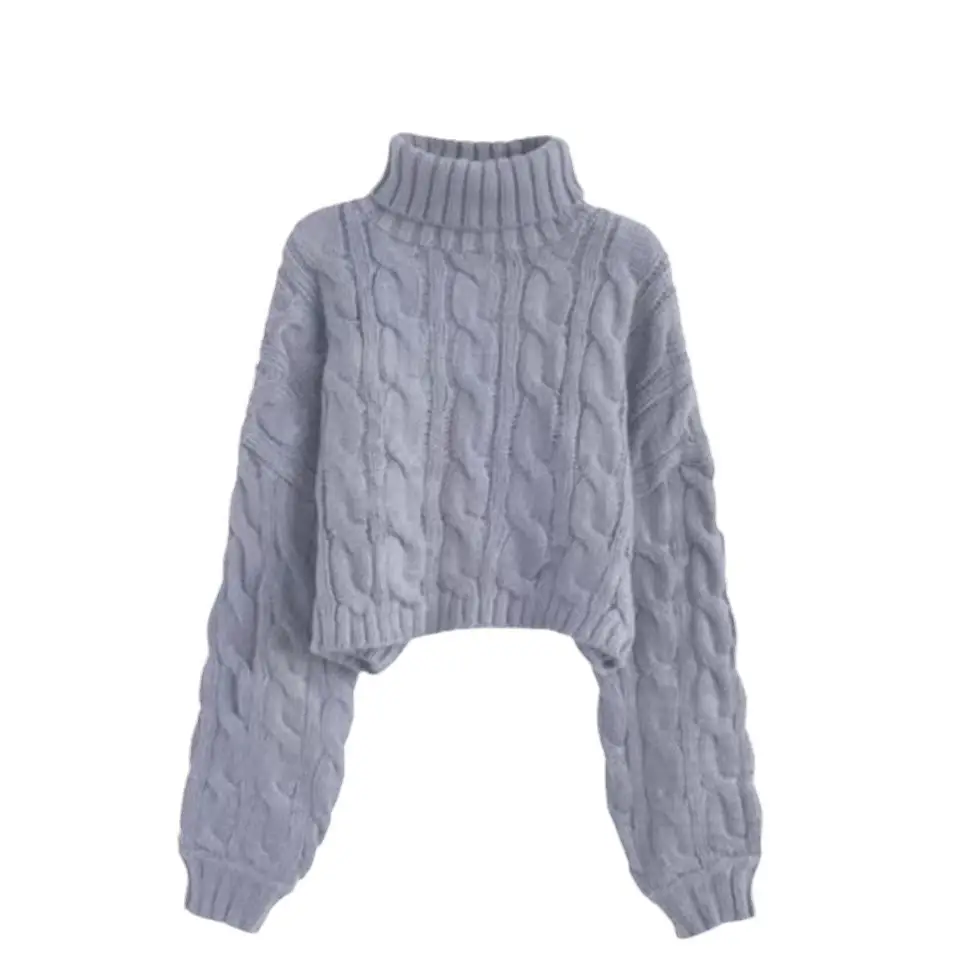 European and American Cross-Border High-Neck Pullover Short Cable-Knit Sweater for Women, New Autumn and Winter Style, Lazy Style, Loose and Thick Knitted Sweater - Image 14