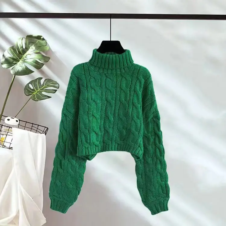European and American Cross-Border High-Neck Pullover Short Cable-Knit Sweater for Women, New Autumn and Winter Style, Lazy Style, Loose and Thick Knitted Sweater - Image 3