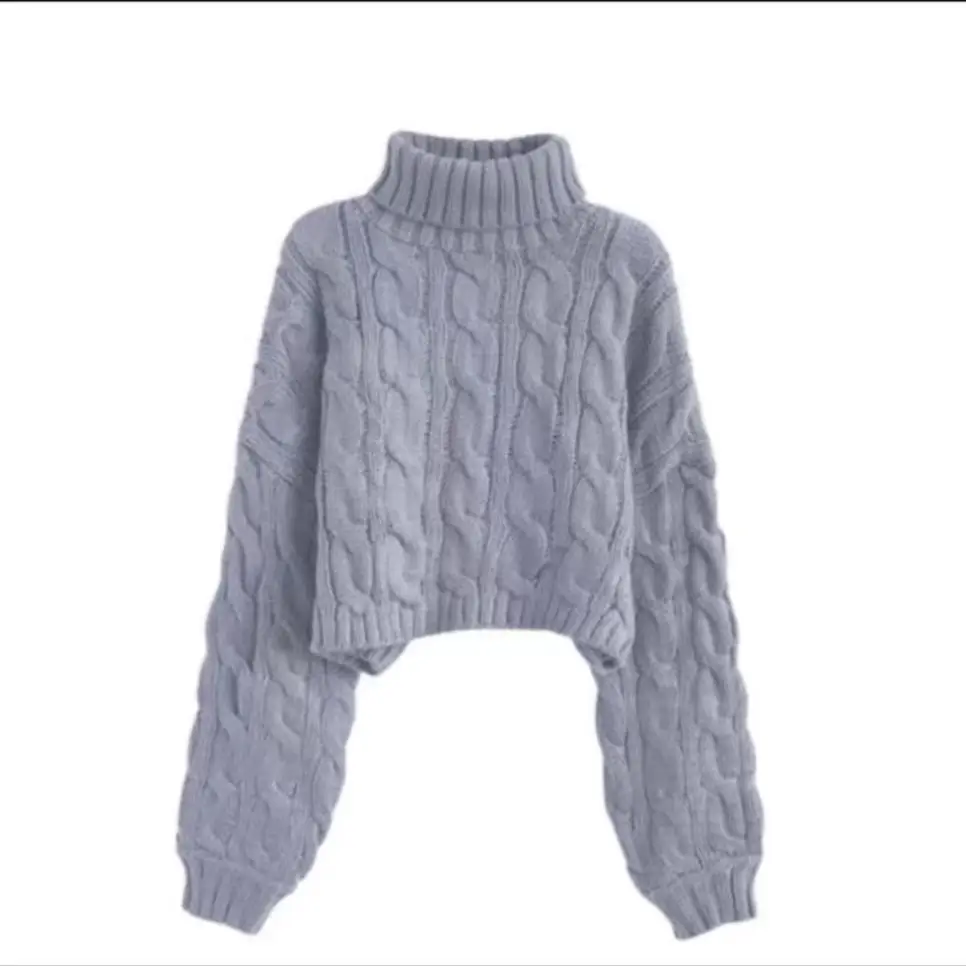 European and American Cross-Border High-Neck Pullover Short Cable-Knit Sweater for Women, New Autumn and Winter Style, Lazy Style, Loose and Thick Knitted Sweater - Image 5