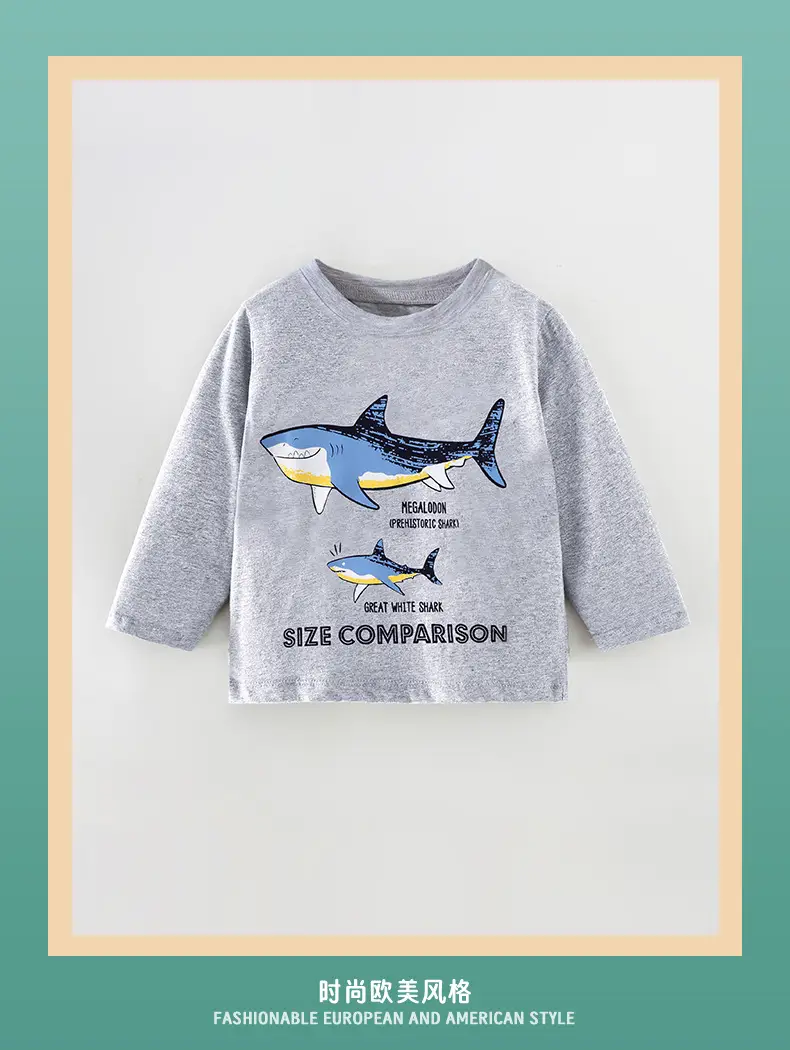 2025 Shark Print Long Sleeve Kids T-Shirt Grey — feature 2