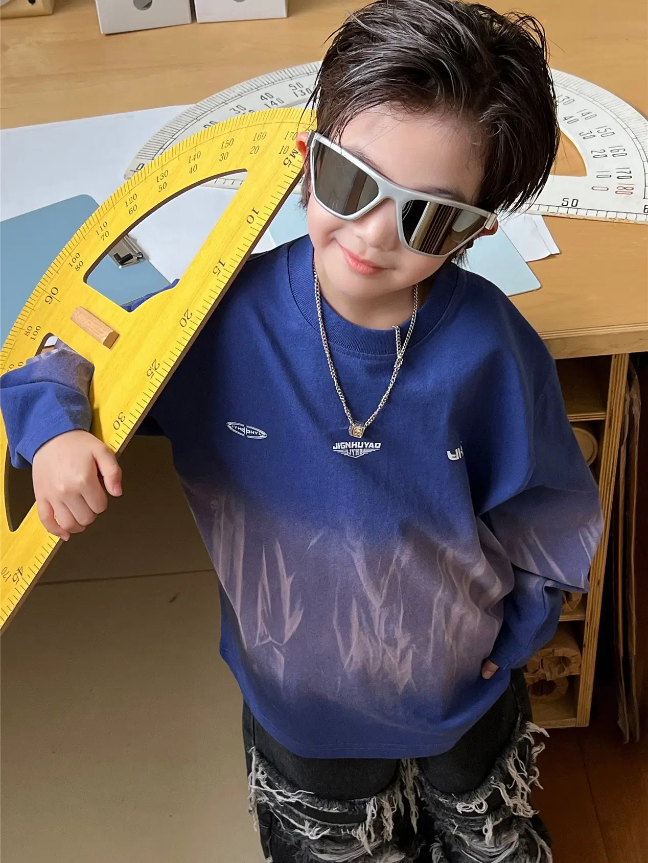 Kids Blue Tie-Dye Long Sleeve T-Shirt with Vintage Tie-Dye Undershirt - Image 3