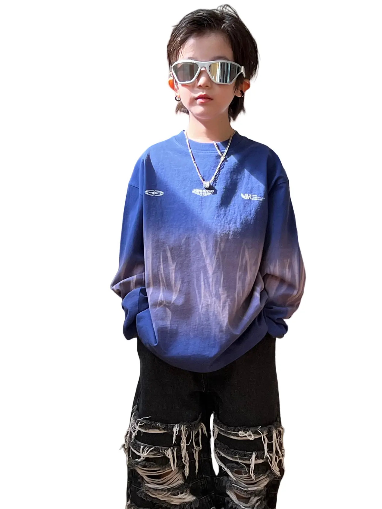 Kids Blue Tie-Dye Long Sleeve T-Shirt with Vintage Tie-Dye Undershirt - Image 7