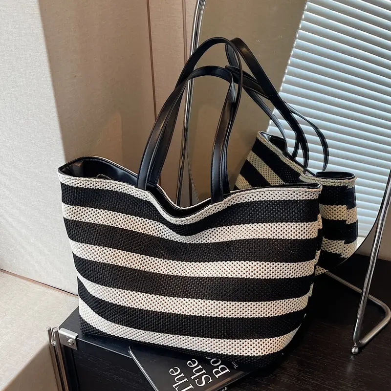 Women's Striped Mesh Shoulder Tote Bag Large Capacity Casual Fashion