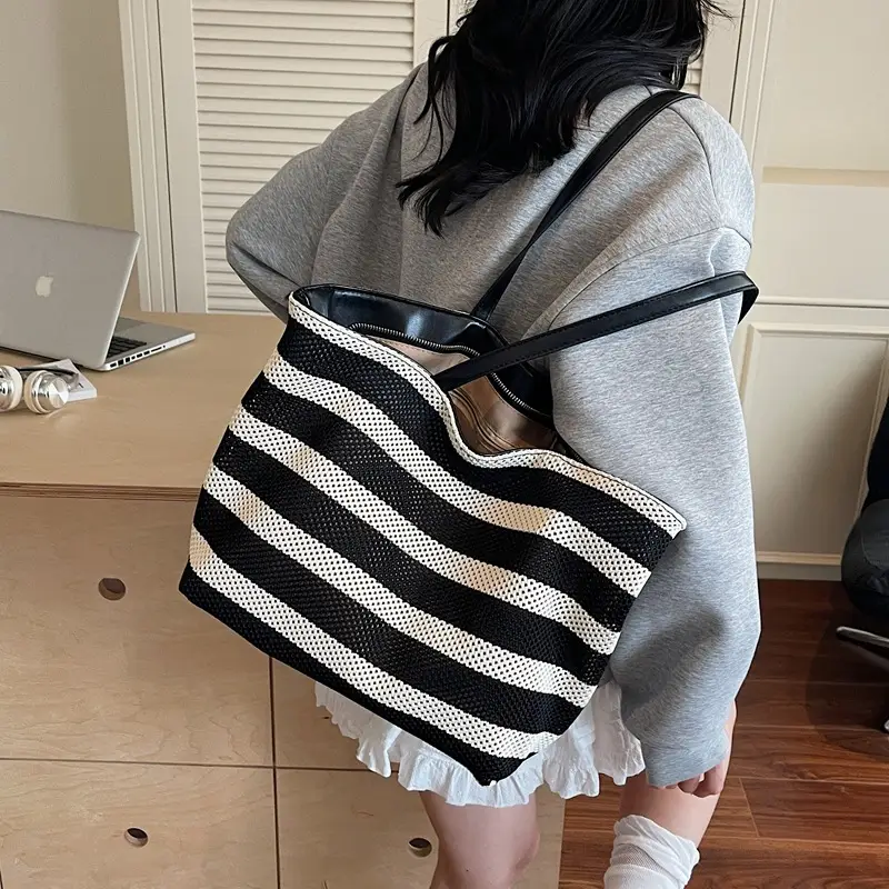 Women's Striped Mesh Shoulder Tote Bag Large Capacity Casual Fashion
