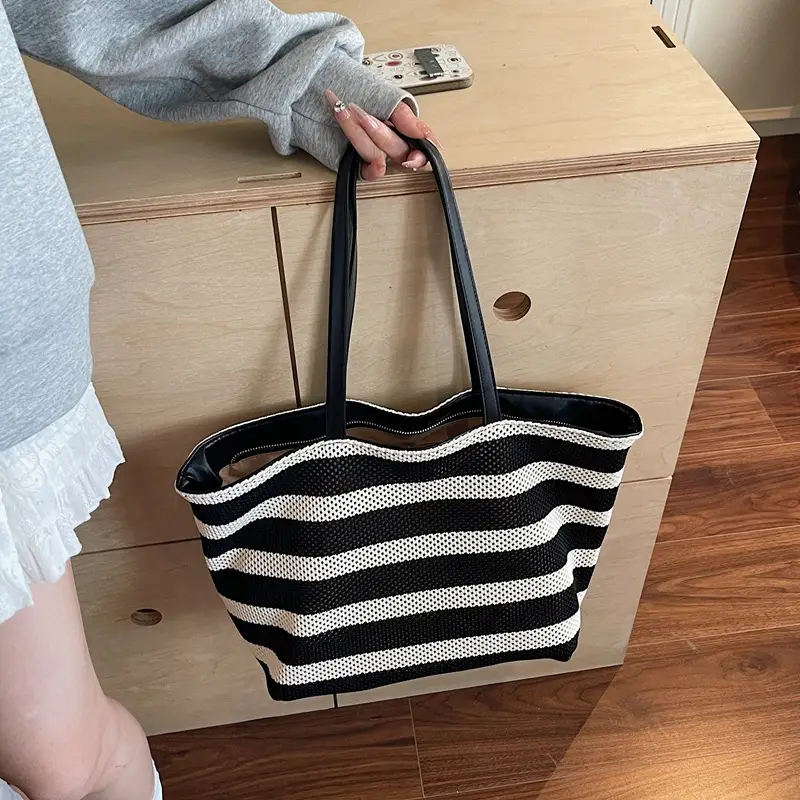 Women's Striped Mesh Shoulder Tote Bag Large Capacity Casual Fashion