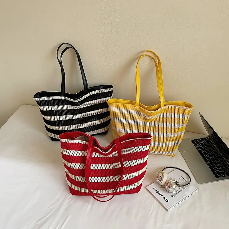 Women's Striped Mesh Shoulder Tote Bag Large Capacity Casual Fashion