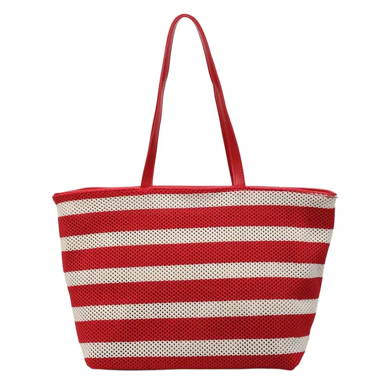Women's Striped Mesh Shoulder Tote Bag Large Capacity Casual Fashion