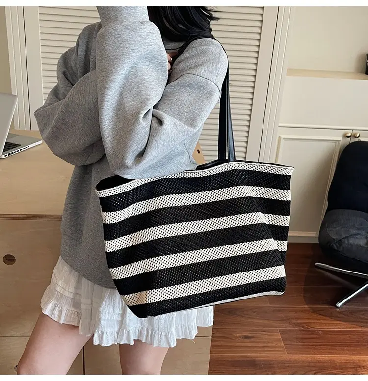Women's Striped Mesh Shoulder Tote Bag Large Capacity Casual Fashion — feature 10