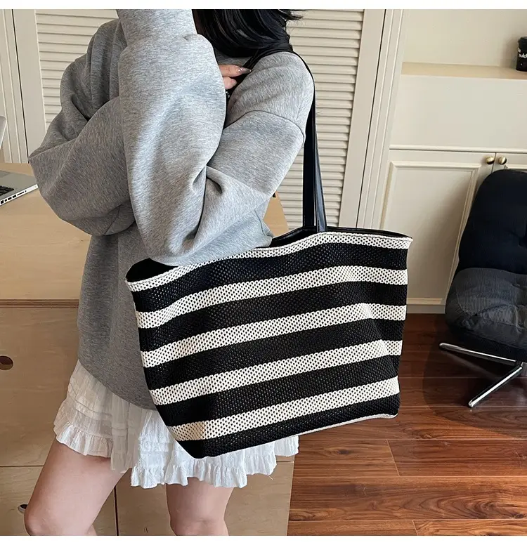 Women's Striped Mesh Shoulder Tote Bag Large Capacity Casual Fashion — feature 11