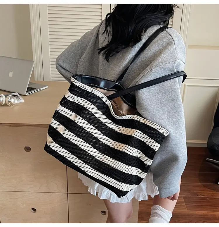 Women's Striped Mesh Shoulder Tote Bag Large Capacity Casual Fashion — feature 12