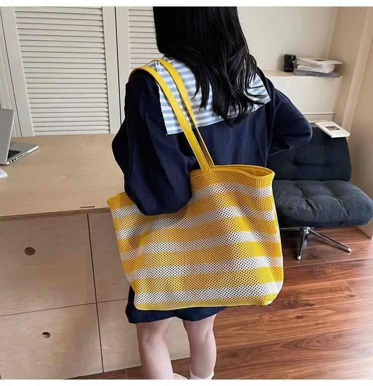 Women's Striped Mesh Shoulder Tote Bag Large Capacity Casual Fashion — feature 13