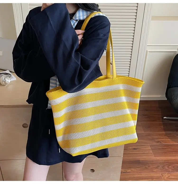 Women's Striped Mesh Shoulder Tote Bag Large Capacity Casual Fashion — feature 15
