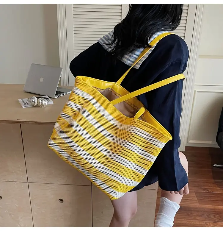 Women's Striped Mesh Shoulder Tote Bag Large Capacity Casual Fashion — feature 16