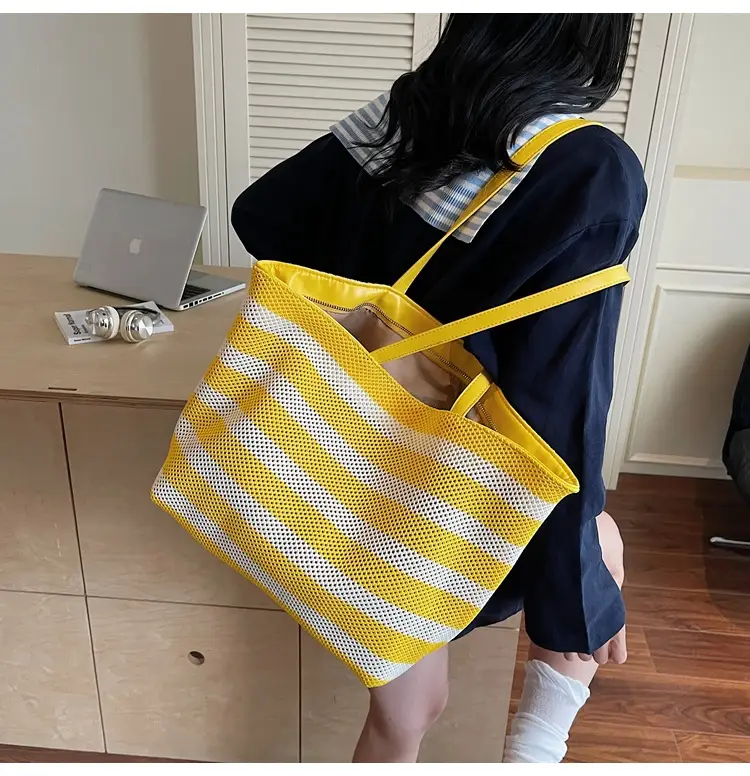 Women's Striped Mesh Shoulder Tote Bag Large Capacity Casual Fashion — feature 17