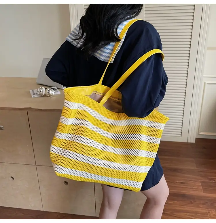 Women's Striped Mesh Shoulder Tote Bag Large Capacity Casual Fashion — feature 18
