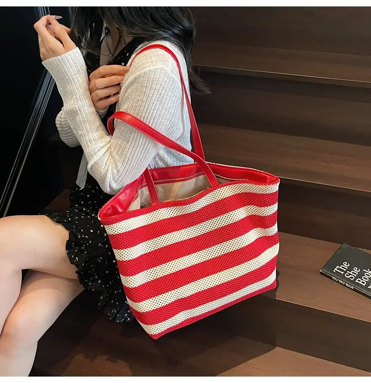 Women's Striped Mesh Shoulder Tote Bag Large Capacity Casual Fashion — feature 19