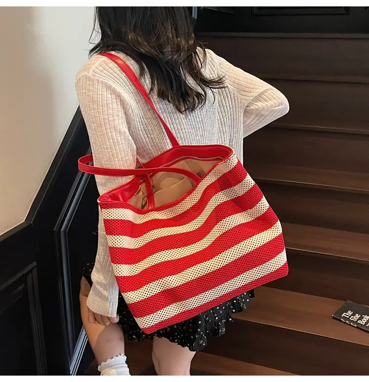Women's Striped Mesh Shoulder Tote Bag Large Capacity Casual Fashion — feature 20