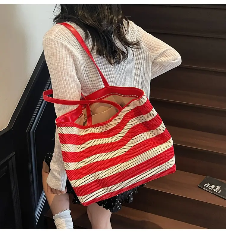 Women's Striped Mesh Shoulder Tote Bag Large Capacity Casual Fashion — feature 21