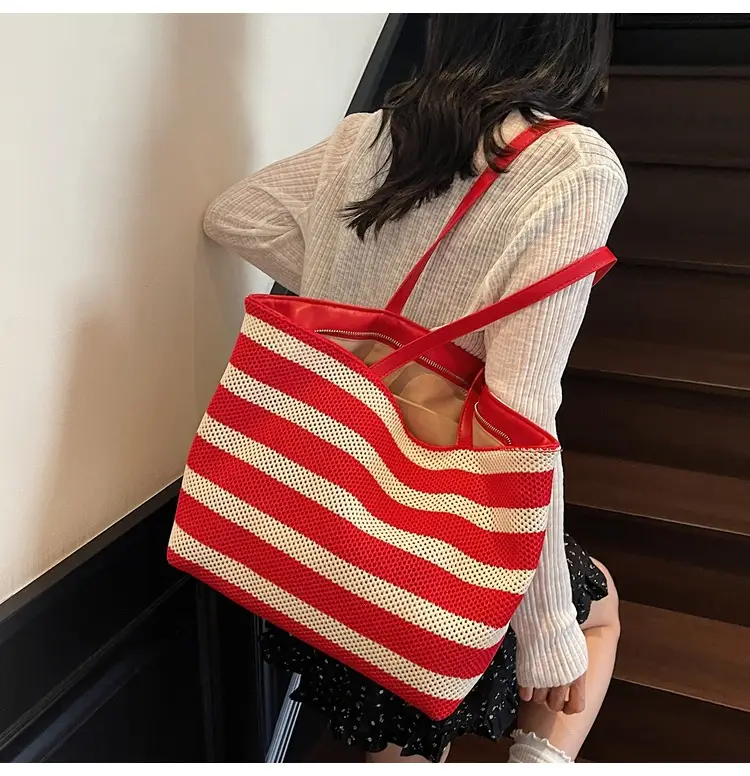 Women's Striped Mesh Shoulder Tote Bag Large Capacity Casual Fashion — feature 22