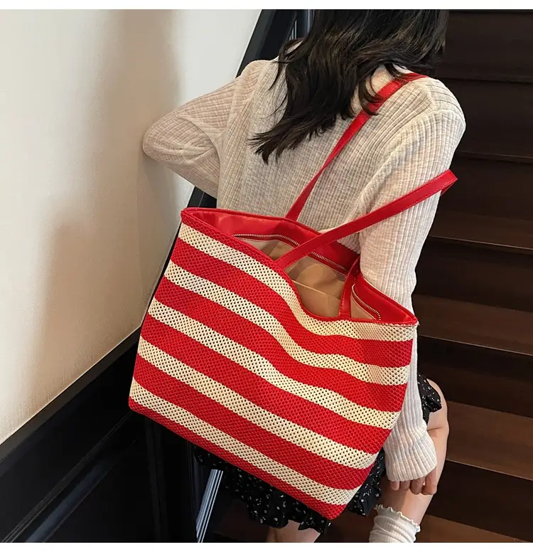 Women's Striped Mesh Shoulder Tote Bag Large Capacity Casual Fashion — feature 23