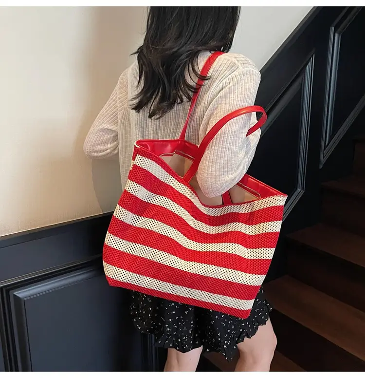 Women's Striped Mesh Shoulder Tote Bag Large Capacity Casual Fashion — feature 24