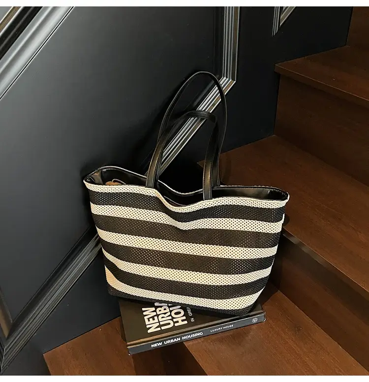 Women's Striped Mesh Shoulder Tote Bag Large Capacity Casual Fashion — feature 25
