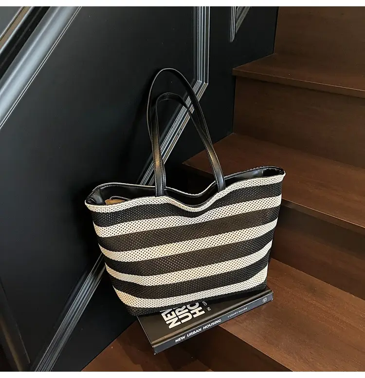 Women's Striped Mesh Shoulder Tote Bag Large Capacity Casual Fashion — feature 26