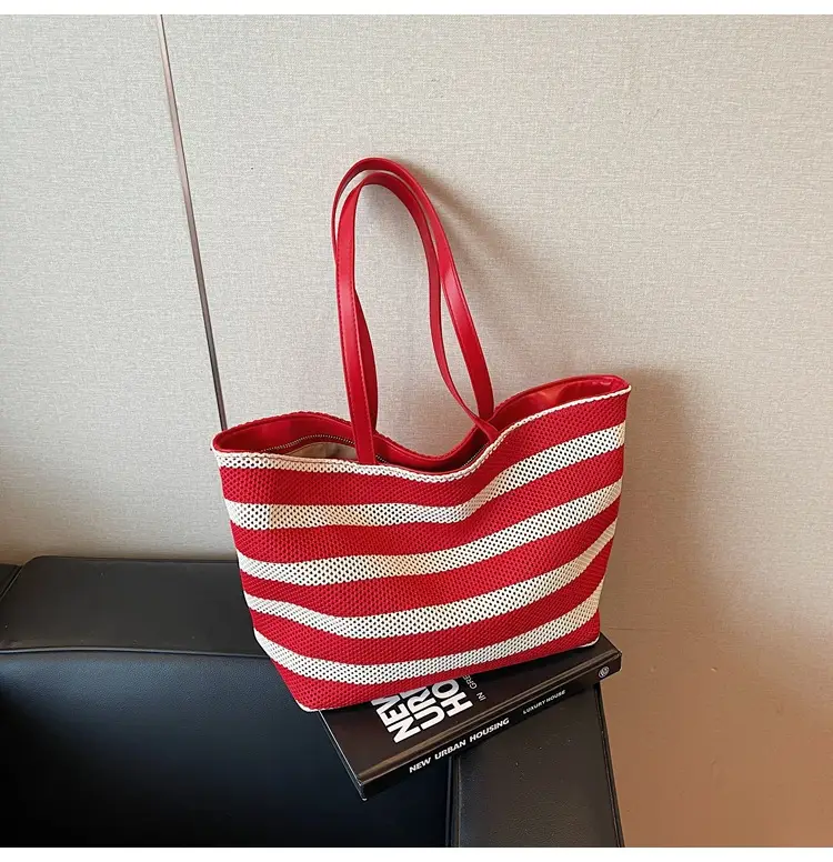Women's Striped Mesh Shoulder Tote Bag Large Capacity Casual Fashion — feature 27