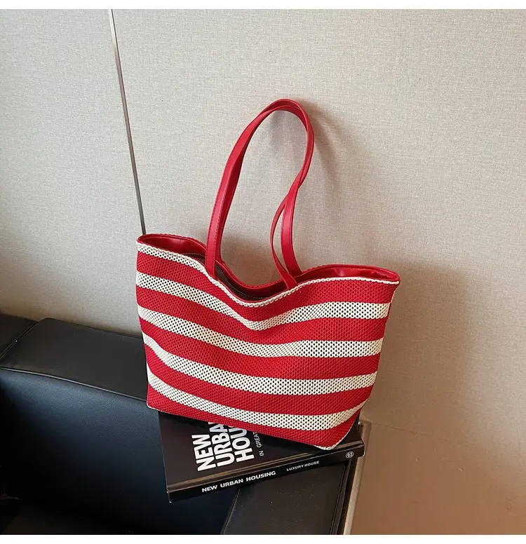 Women's Striped Mesh Shoulder Tote Bag Large Capacity Casual Fashion — feature 28