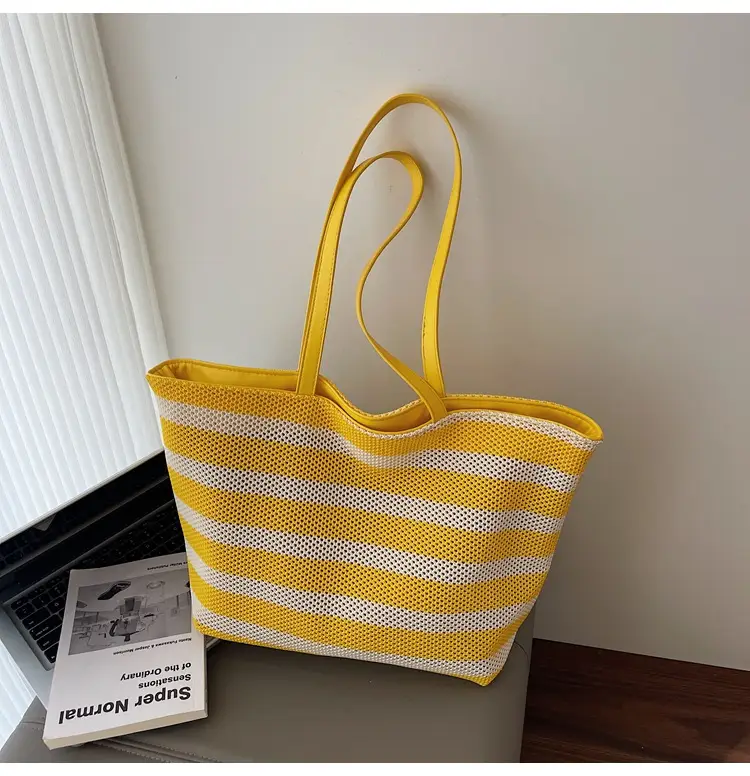Women's Striped Mesh Shoulder Tote Bag Large Capacity Casual Fashion — feature 30