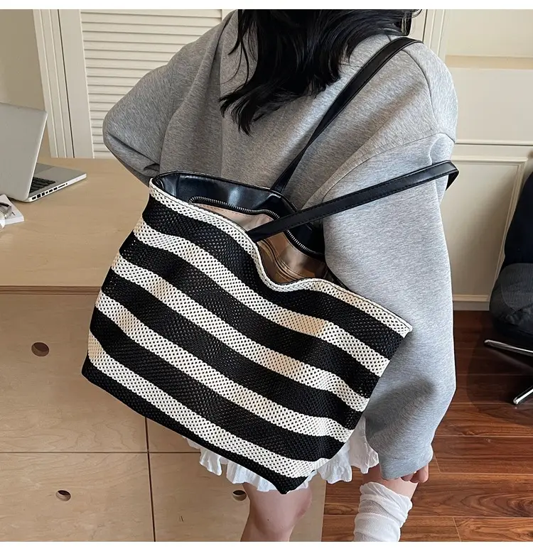 Women's Striped Mesh Shoulder Tote Bag Large Capacity Casual Fashion — feature 7