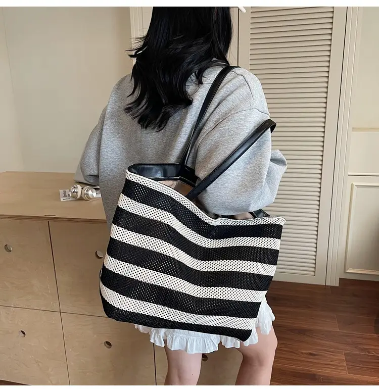 Women's Striped Mesh Shoulder Tote Bag Large Capacity Casual Fashion — feature 8