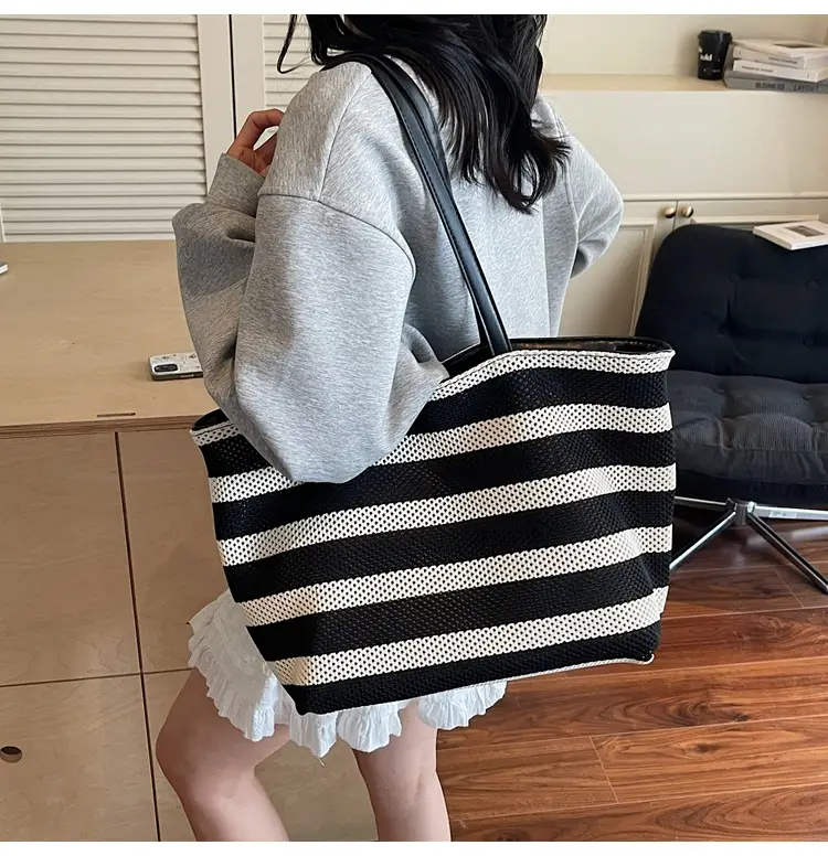 Women's Striped Mesh Shoulder Tote Bag Large Capacity Casual Fashion — feature 9