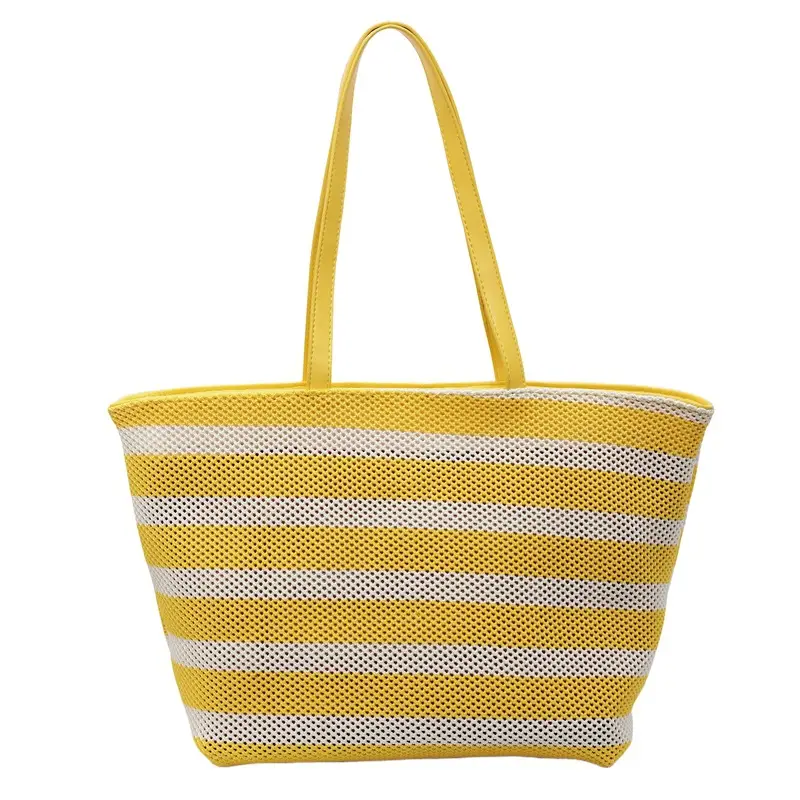 Women's Striped Mesh Shoulder Tote Bag Large Capacity Casual Fashion
