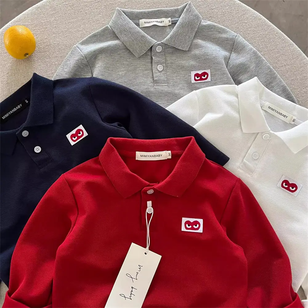 White Japanese Style Boys Polo Shirt with Heart Embroidery