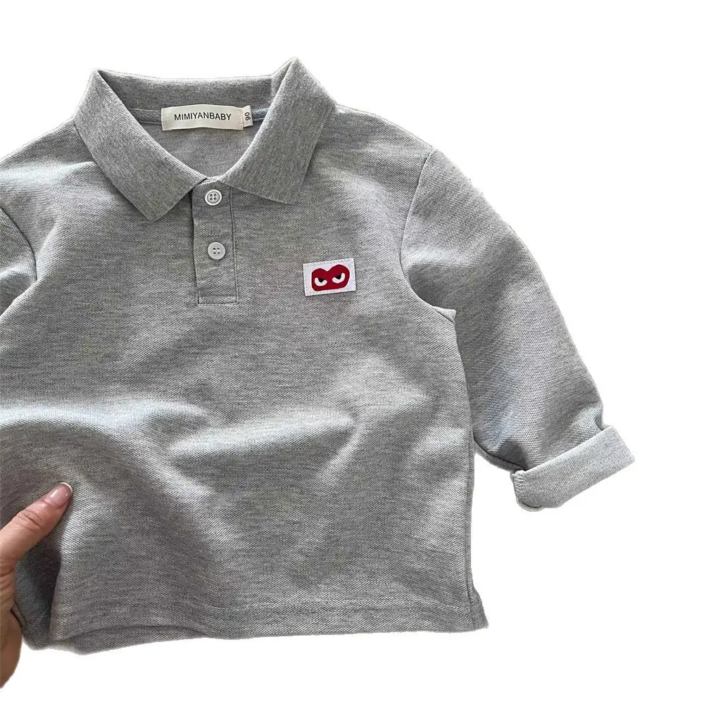 White Japanese Style Boys Polo Shirt with Heart Embroidery