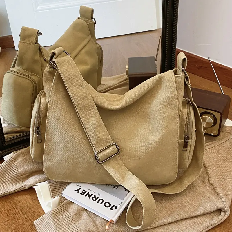 Canvas Crossbody Bag Large Capacity Women Tan - Image 4