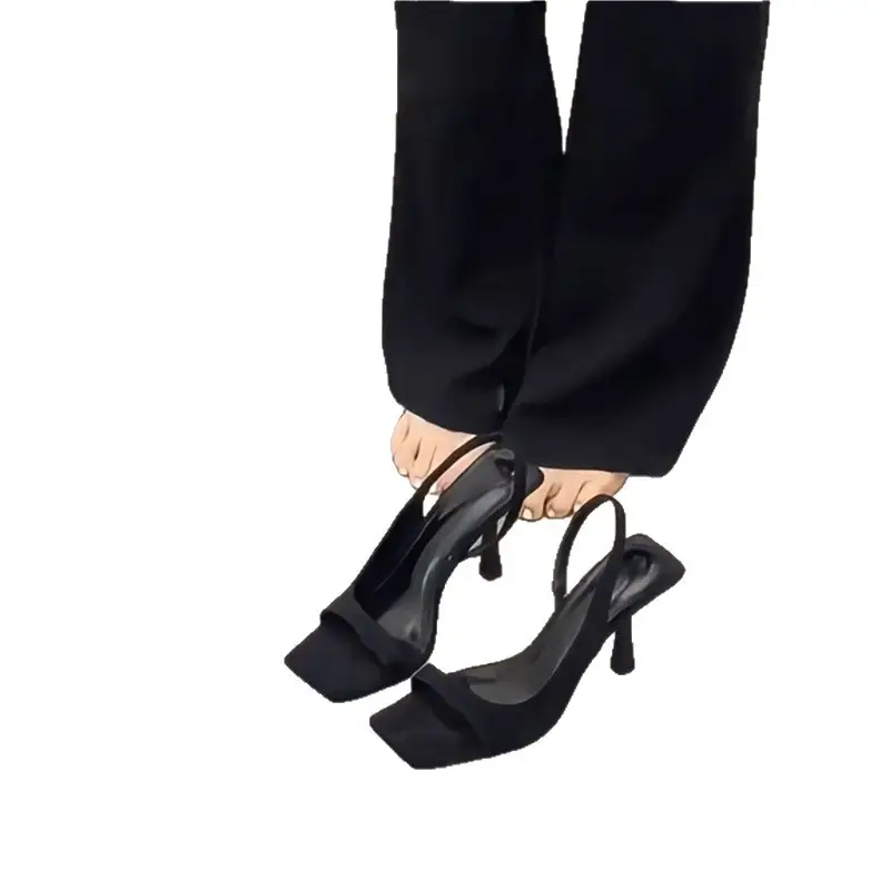 Fashionable and Elegant Square-Toe Open-Toe Sandals for Women, Summer French Style, Suitable for Pairing with Dresses, with Thin Heels and Open Back, Black High Heels - Image 11
