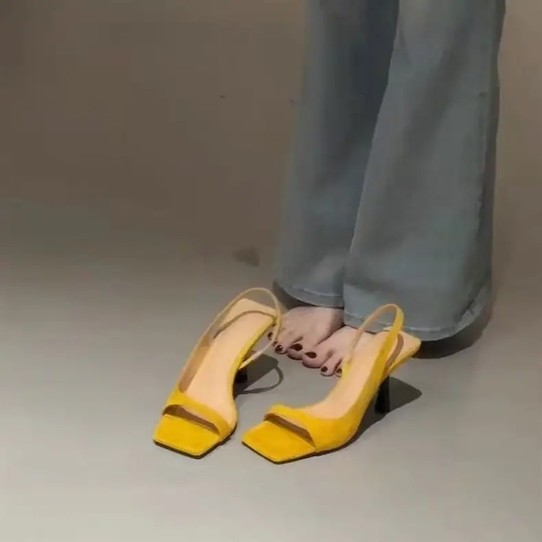 Fashionable and Elegant Square-Toe Open-Toe Sandals for Women, Summer French Style, Suitable for Pairing with Dresses, with Thin Heels and Open Back, Black High Heels — feature 5
