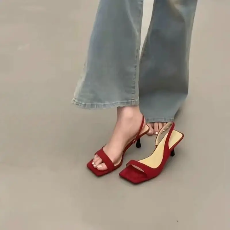 Fashionable and Elegant Square-Toe Open-Toe Sandals for Women, Summer French Style, Suitable for Pairing with Dresses, with Thin Heels and Open Back, Black High Heels - Image 2