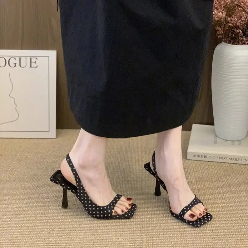 Fashionable and Elegant Square-Toe Open-Toe Sandals for Women, Summer French Style, Suitable for Pairing with Dresses, with Thin Heels and Open Back, Black High Heels - Image 5
