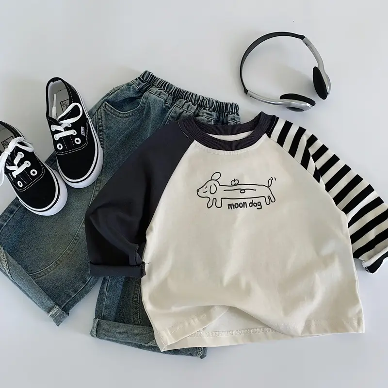 Boys Cotton Graphic T-Shirt Black White Moon Dog — feature 1