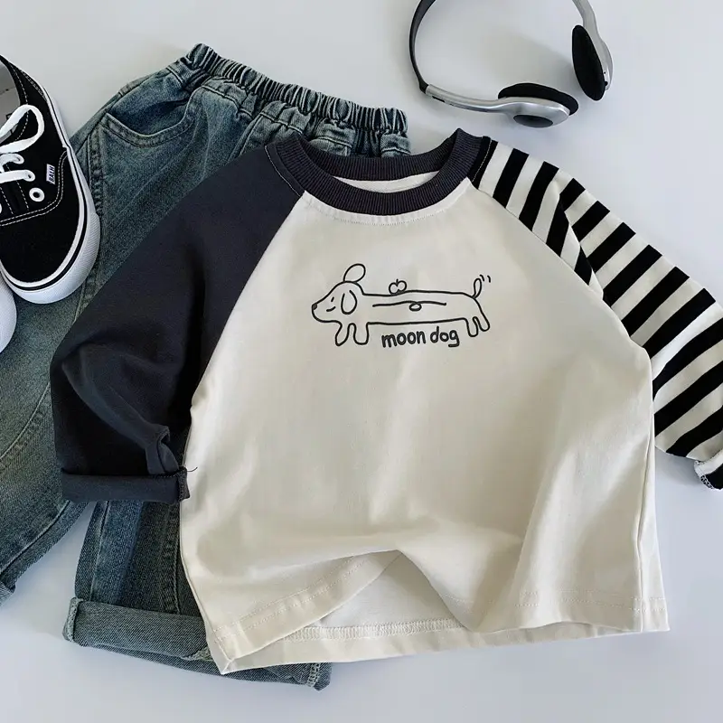 Boys Cotton Graphic T-Shirt Black White Moon Dog — feature 3