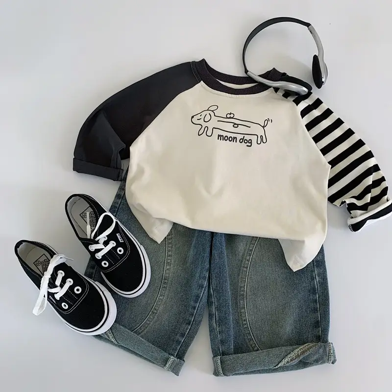 Boys Cotton Graphic T-Shirt Black White Moon Dog — feature 4
