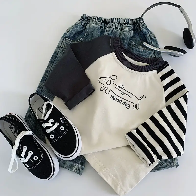 Boys Cotton Graphic T-Shirt Black White Moon Dog — feature 5