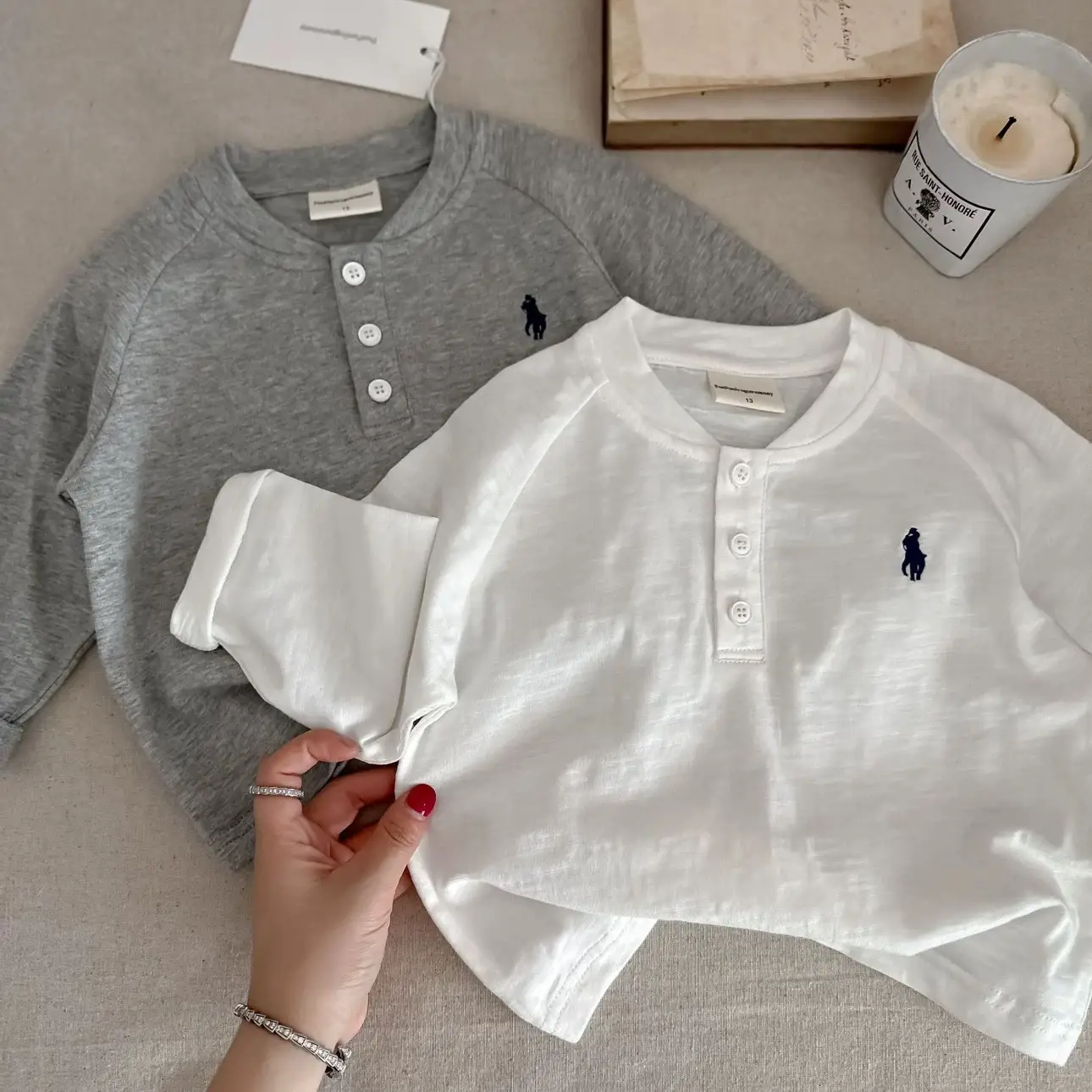 Boys Cotton Polo Shirt Set White Grey Button Front - Image 6