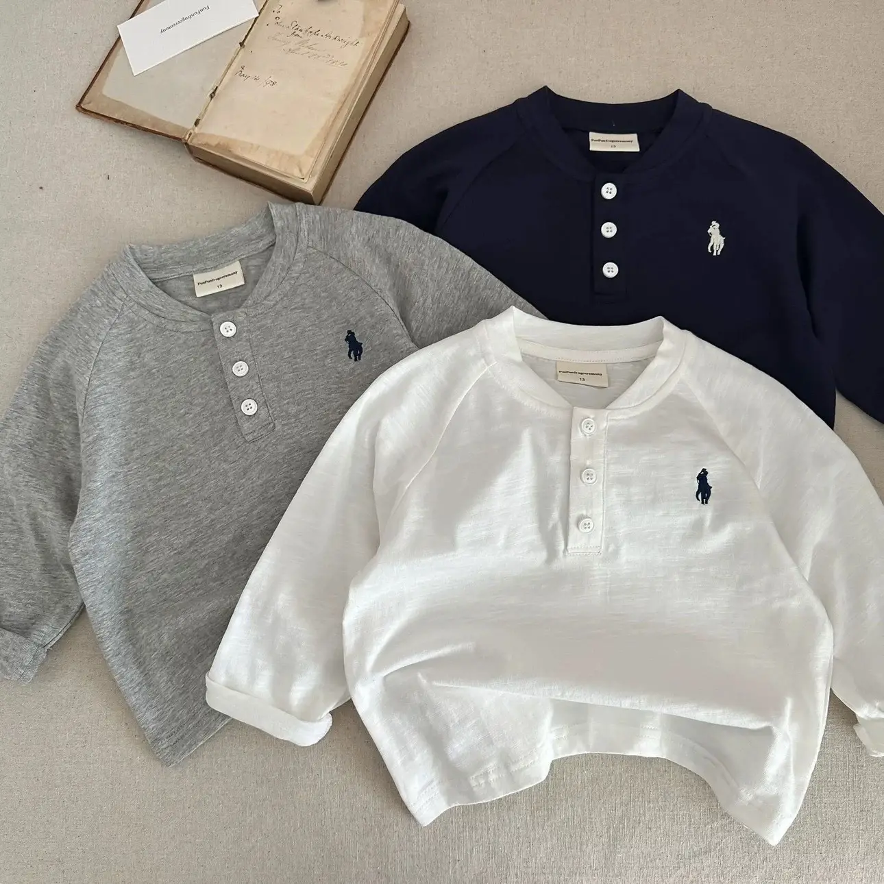 Boys Cotton Polo Shirt Set White Grey Button Front — feature 1